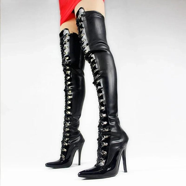 Botas largas hasta el muslo para mujer, de látex, con punta puntiaguda y tacón alto de 12 m, con cordones cruzados y cierre por encima de la rodilla.