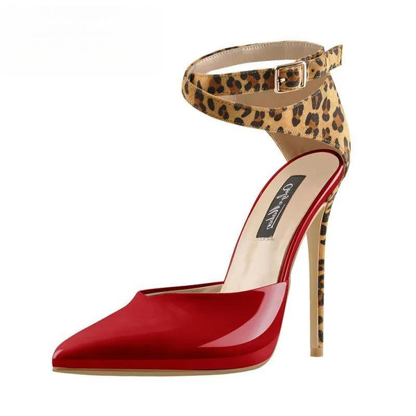Sandalias de tacón alto con tiras en el tobillo y punta puntiaguda de leopardo de 12 cm