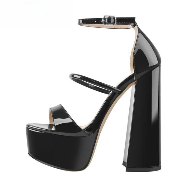 Sandalias negras de charol con plataforma y punta abierta para mujer, con cordones cruzados