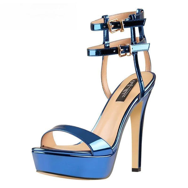 Sandalias de plataforma azules para mujer con doble hebilla en el tobillo y tacones altos y finos de aguja.