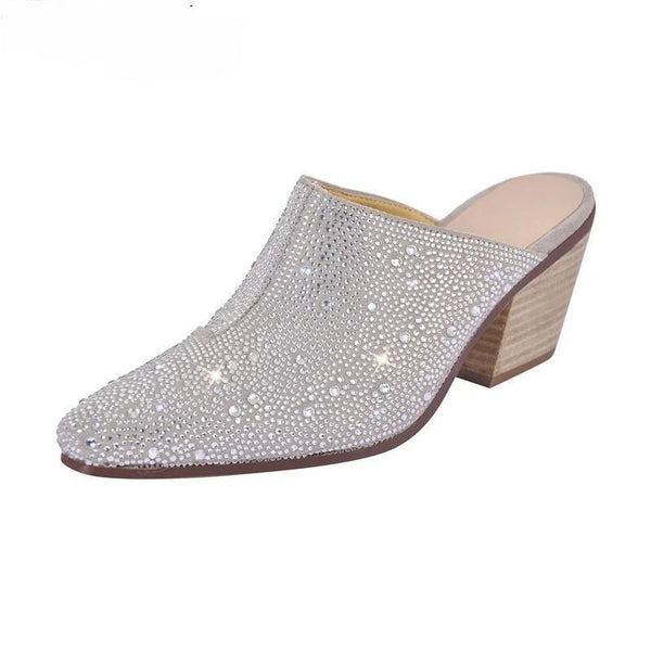 Women Pointed Toe Rhinestone Mules Glitter Bling Shiny  Pretty Sparkly Gorgeous Chunky Heel