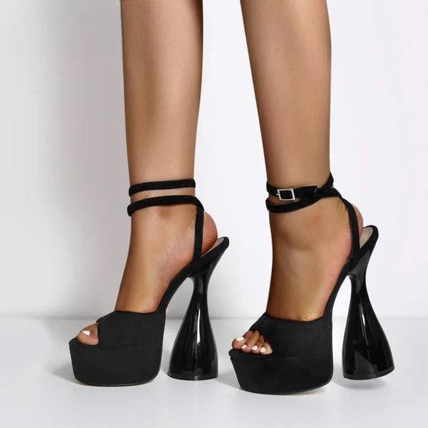 Sandalias negras con punta abierta y tacón alto con tiras en el tobillo para mujer