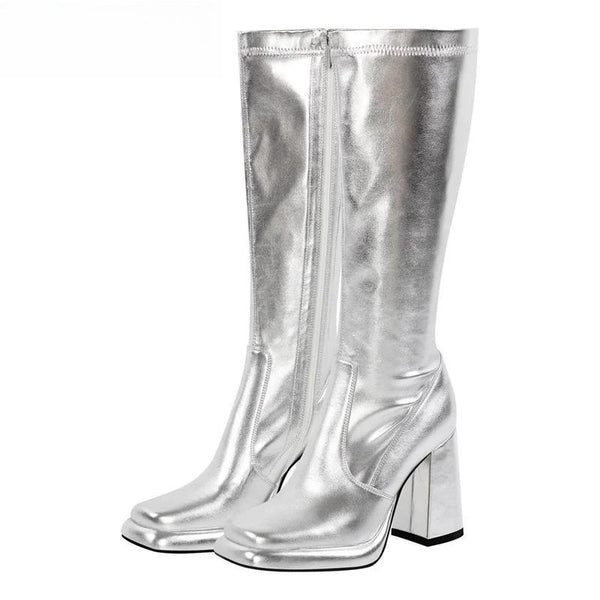 Women Square Toe Sliver Knee High Boots Side Zipper Handmade Chuny Heel