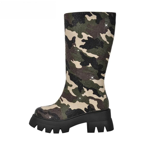Women Platform Rhinestone Camouflage  Mid Calf Boots Black Chunky High Heels