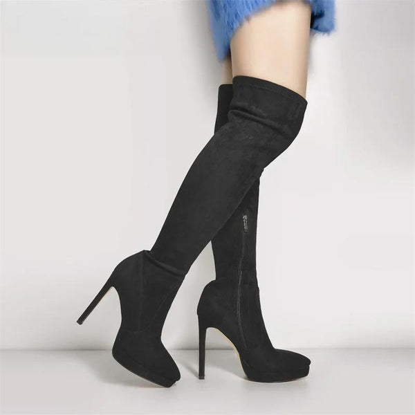 Fashion Over the Knee Boots Black Flock Platform Zipper Mature Sexy   Thin High Heel