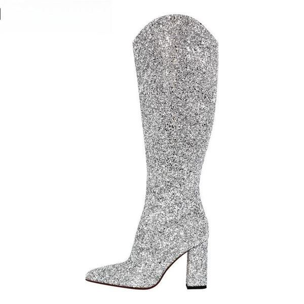 Women Sliver Pointed Toe Knee High Boots Glitter Boots