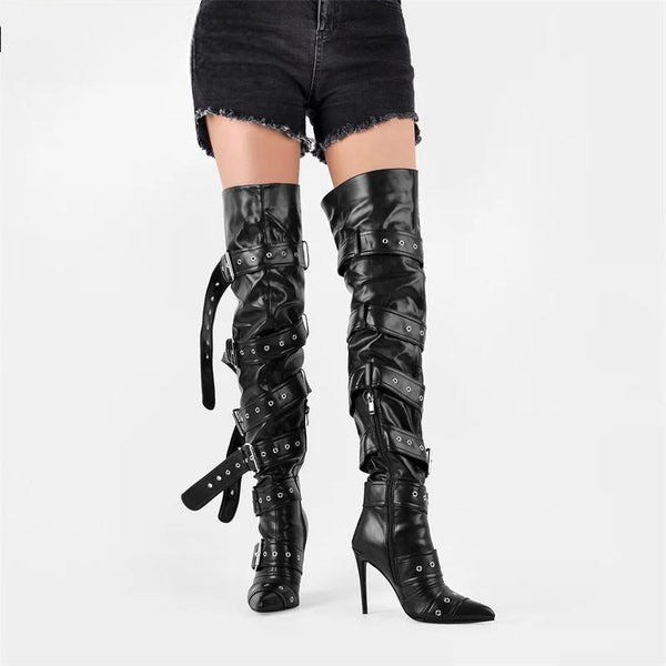 Botas por encima de la rodilla con hebilla y tacón alto fino para mujer