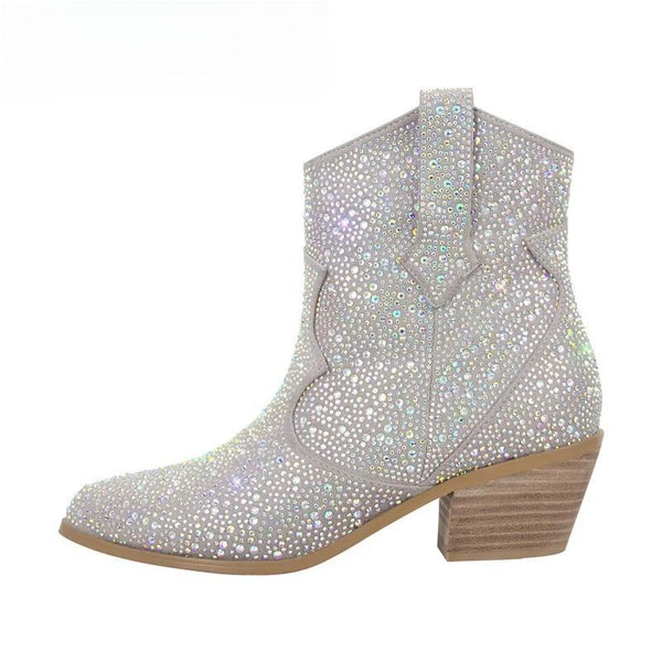 Botines de punta puntiaguda con brillantes y brillantes de imitación de plata
