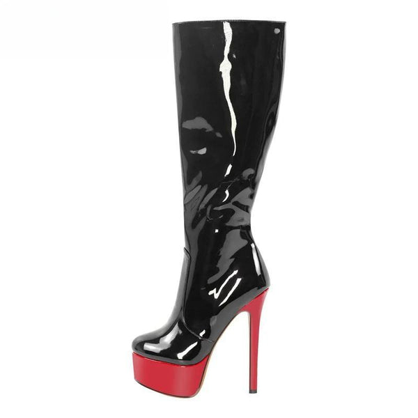 Botas altas hasta la rodilla de charol con plataforma para mujer, con cremallera lateral y tacón fino
