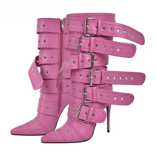Botas rosas de media caña para mujer con hebilla y tacón alto fino