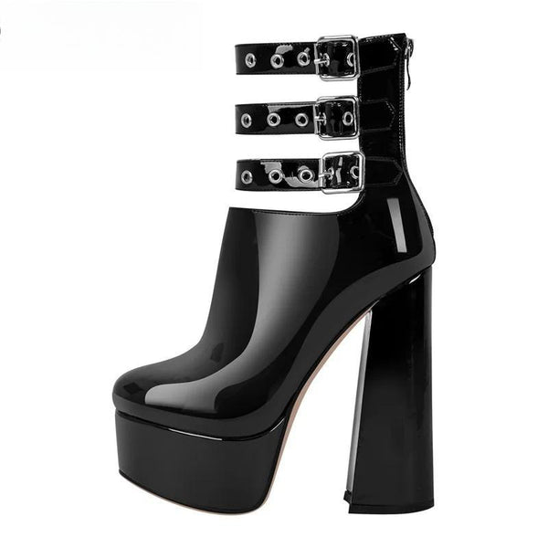 Botines negros de plataforma para mujer, de charol, con punta redonda y cremallera, botas punk de invierno