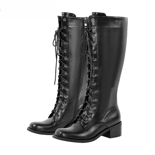 Botas de moto de invierno con cordones, punta redonda, tacón gótico negro mate, cremallera lateral concisa