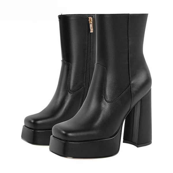 Women Square Toe Ankle Boots Black Matte Side Zipper Square Heels