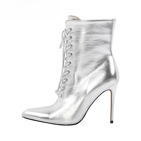 Botines de mujer con punta puntiaguda y tacón alto fino con cordones y cremallera lateral, botines de tacón de aguja de talla grande