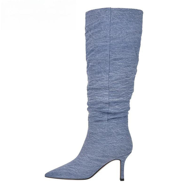 Botas altas hasta la rodilla con punta puntiaguda de mezclilla para mujer, botas largas de moda con tacón de aguja y cremallera lateral