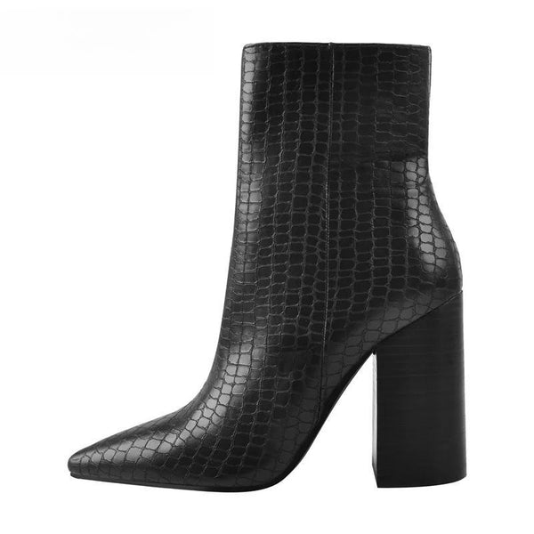 Botines de mujer con estampado de piedras negras mate, de PU, con tacón alto y grueso