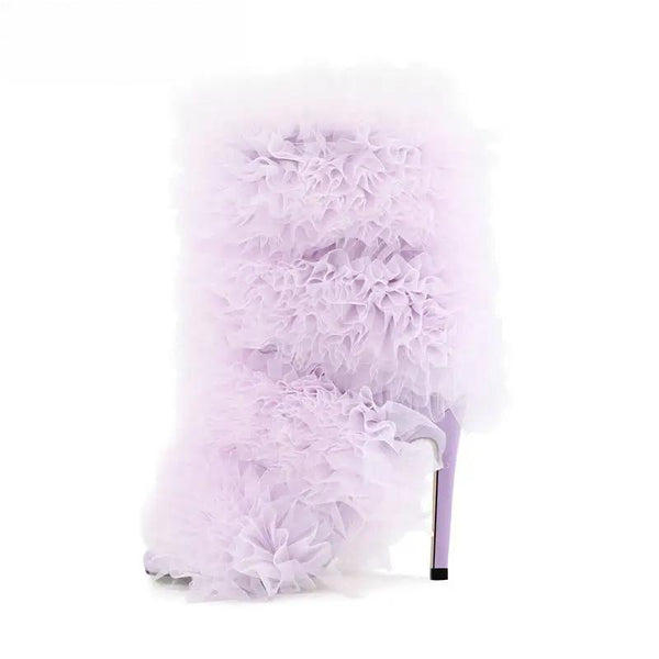 Women Purple Ruffled Lace Open Toe Stiletto Ankle Boots  Back Zipper Party Dress Booties