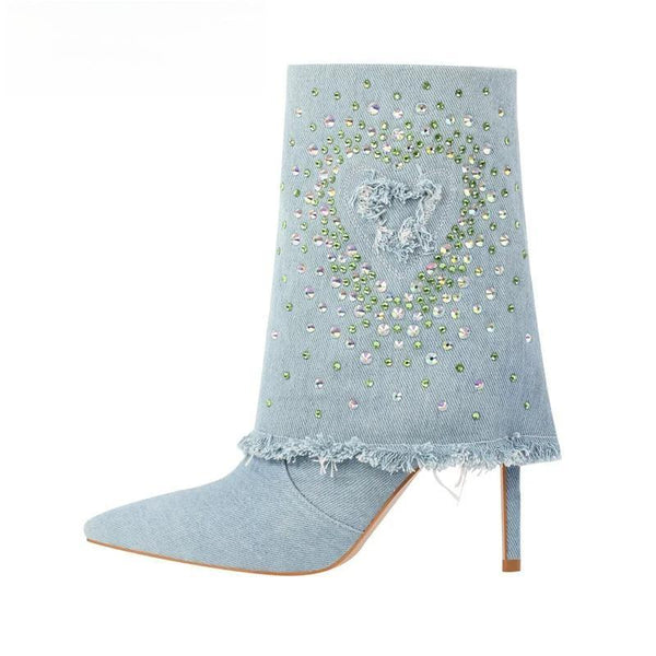 Botas de mezclilla con punta puntiaguda y tacones finos con pedrería para mujer