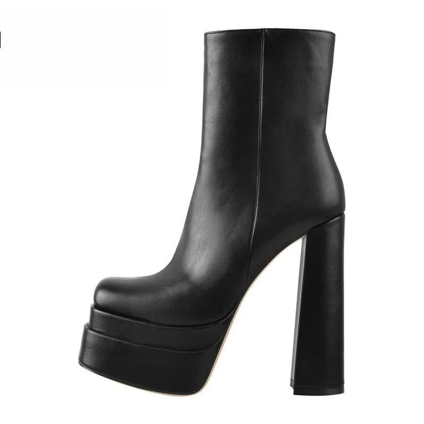 Botines negros concisos para mujer, con plataforma, cremallera y punta redonda mate, tacones altos y gruesos.