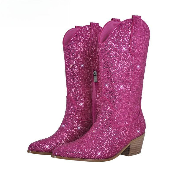Women Rosy Red Knee High Boots Rhinestone Booties