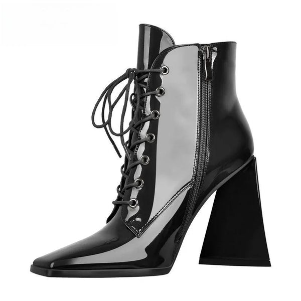 Women Square Toe Black Patent Leather Triangle Chunky Heel Ankle Boots