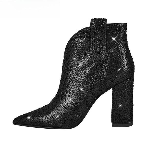 Botines de punta puntiaguda con cremallera y tacón grueso con pedrería y brillantes para fiesta.