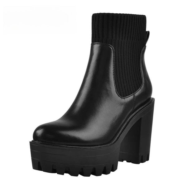 Botines negros de licra con plataforma y punta redonda para mujer