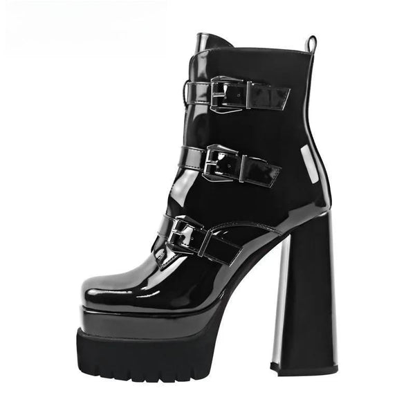 Black Square Toe Booties Double Platform Strap Buckle Side Zip Patent  Ankle Boots