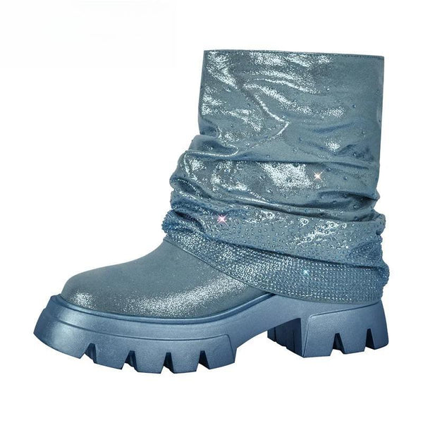 Women Blue Fold Over Rhinestone Trim Boots