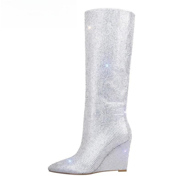 Wedges Heel Crystal-Embellished  Knee Boots