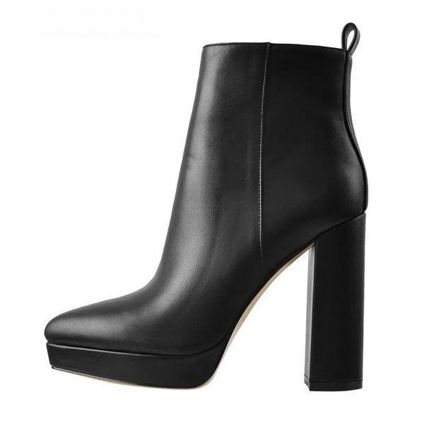 Botines de mujer con punta puntiaguda, tacón grueso de 12 cm y plataforma, color negro mate
