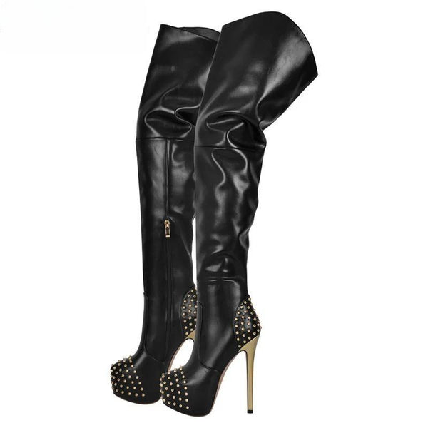 Botas de plataforma con remaches por encima de la rodilla, tacón alto fino, cremallera y muslo para mujer
