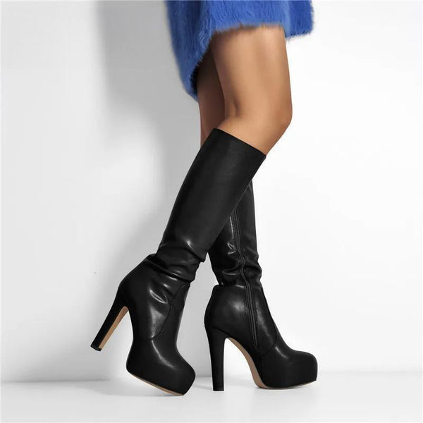 Round Toe Black Matte Leopard  White Side Zipper Winter  Party Dress Big Size Boots