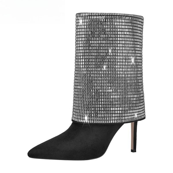Rhinestone Fold Over Mid-Calf Trouser Tube Slip-On Boots Classic  Pointed Toe Chunky High Heels Boots