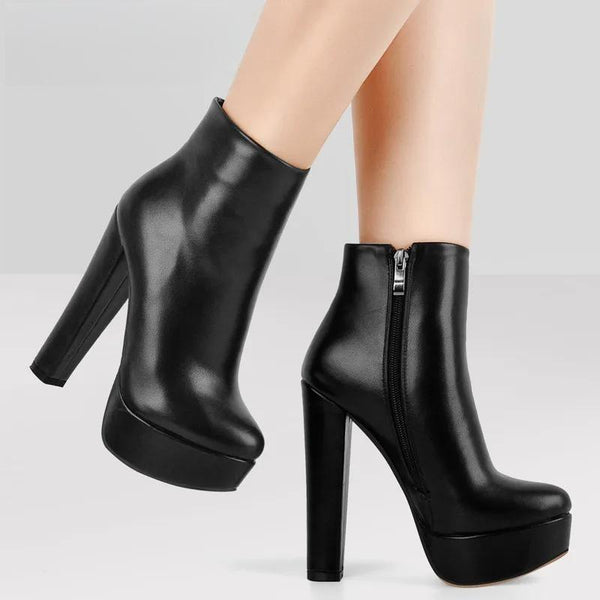 Round Toe High Heel Platform Ankel Boots Block Chunky Heels