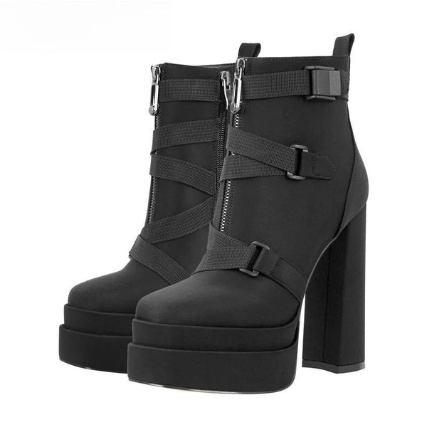 Round Toe Zipper Strap  Chunky Thick Heels Lycra Plus Size  For Autumn Winter Bootes