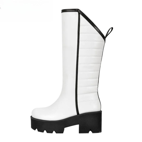 Platform Mid Calf Boots White Punk Chunky High Heels Plus Size Lady Short Booties