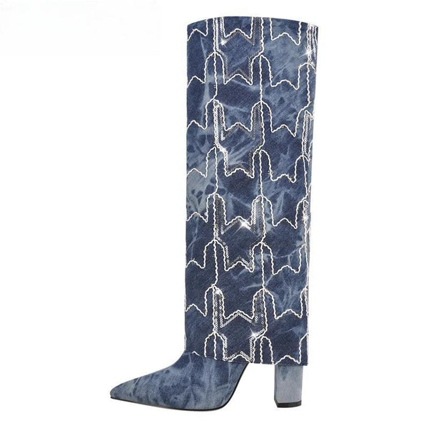 Pointed Toe Denim  Knee High Boots Fold-Down Star Embroidered  Pull On Block Chunky High Heels Boots