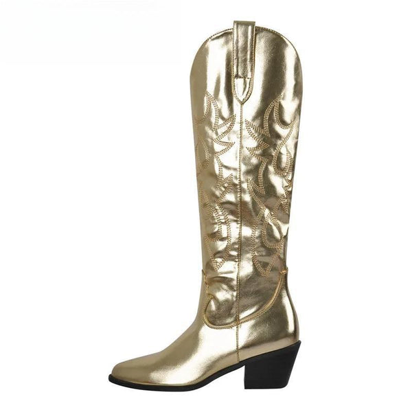 Pointed Toe Gold Knee High Boots Western Cowboy Boots