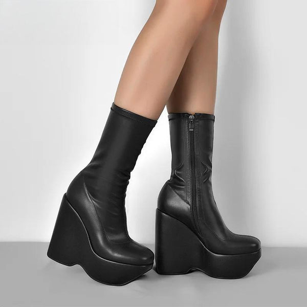 Women's Wedge Black Platform Zip Up Mid-Calf Boots  Ankel Boots