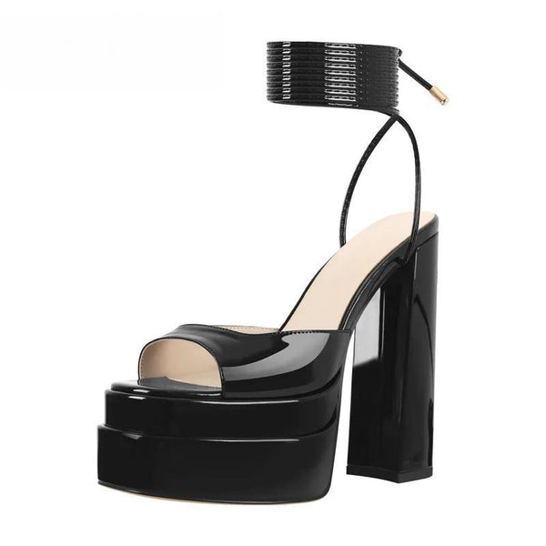 Women Black Patent Leather  Sandals Double Platform  Peep Toe Ankle Buckle Chunky High Heels