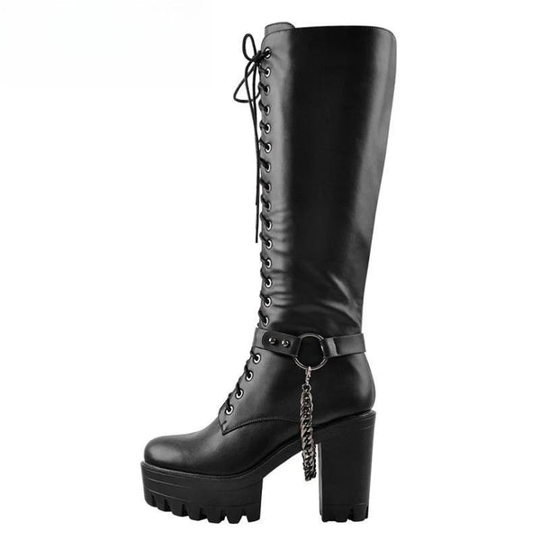 Black Matte Platform Front Lace-Up Side Zip Knee High Boots