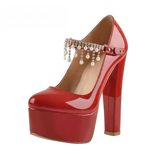 Women Mary Jane Platform Red  Nude Pumps