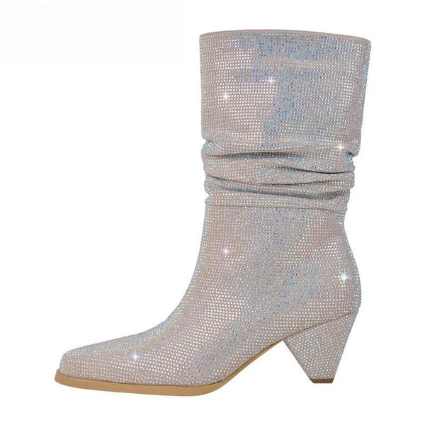 Women's Rhinestone Pointed Toe Tapered Heel Mid High  Bling Shiny Booties