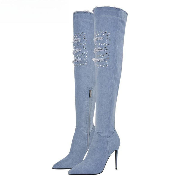 Botas vaqueras de punta puntiaguda y tacón de aguja con cremallera lateral para mujer