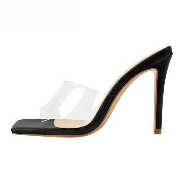 Square Toe PVC Mules Slip On Beige Black White Thin High Sandals