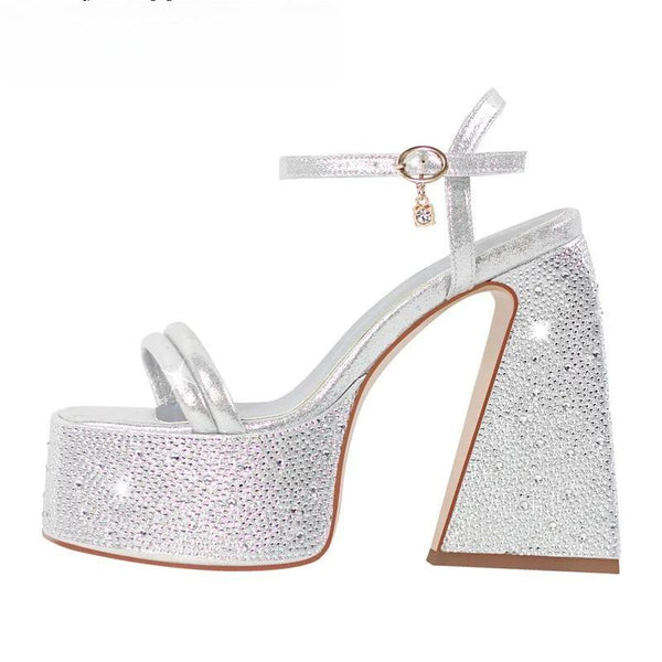 Women Sliver Rhinestone Platform Sandals Square Toe Chunky Heel