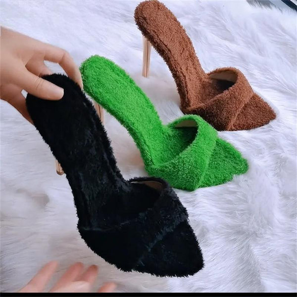 Peep Toe Mules Women Black Slip On Thin High Sandals