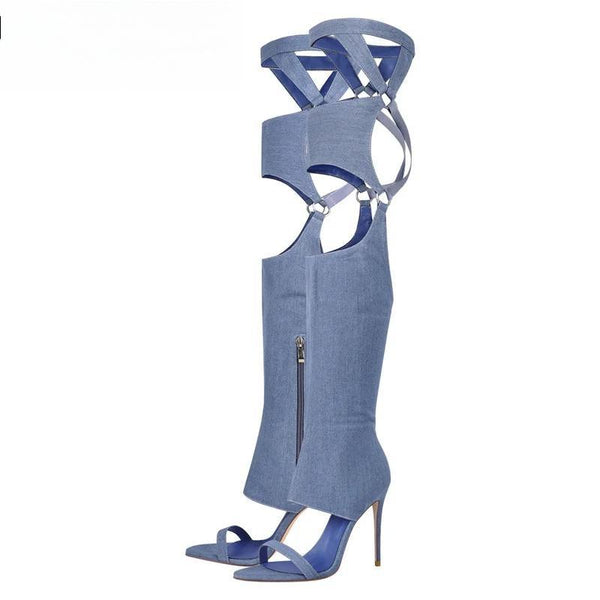 Women OPen Toe Denim Stiletto Over The Knee Thin Heel Summer Sandals