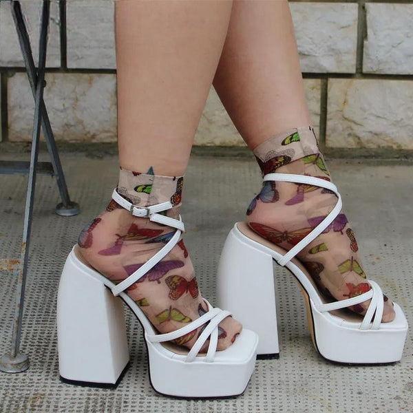 Women White Ankle Strap Platform Chunky Heels Sandals